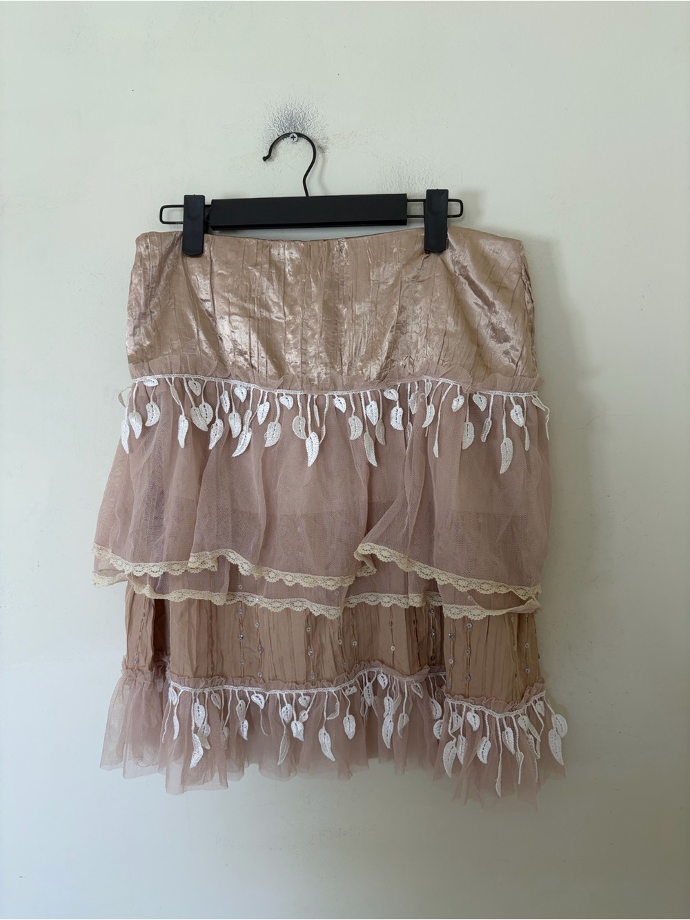 Vintage tiered lace Y2K beaded fairy mini skirt with leaf appliqués